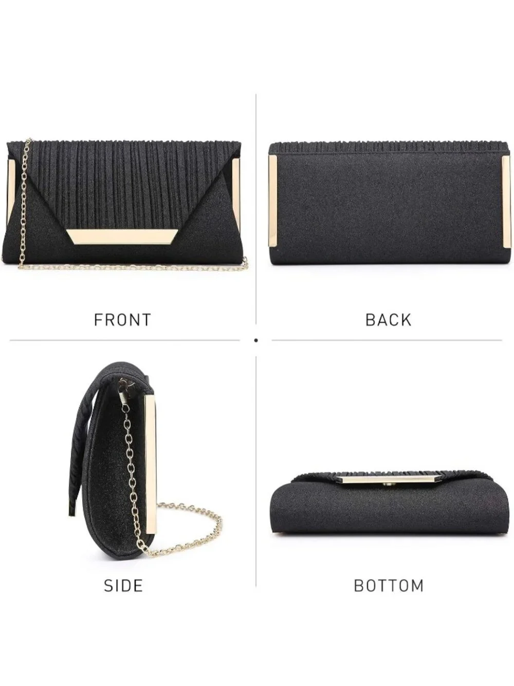 Women's Glitter Black Clutch With Detachable Chain Wedding Formal Evening Bag